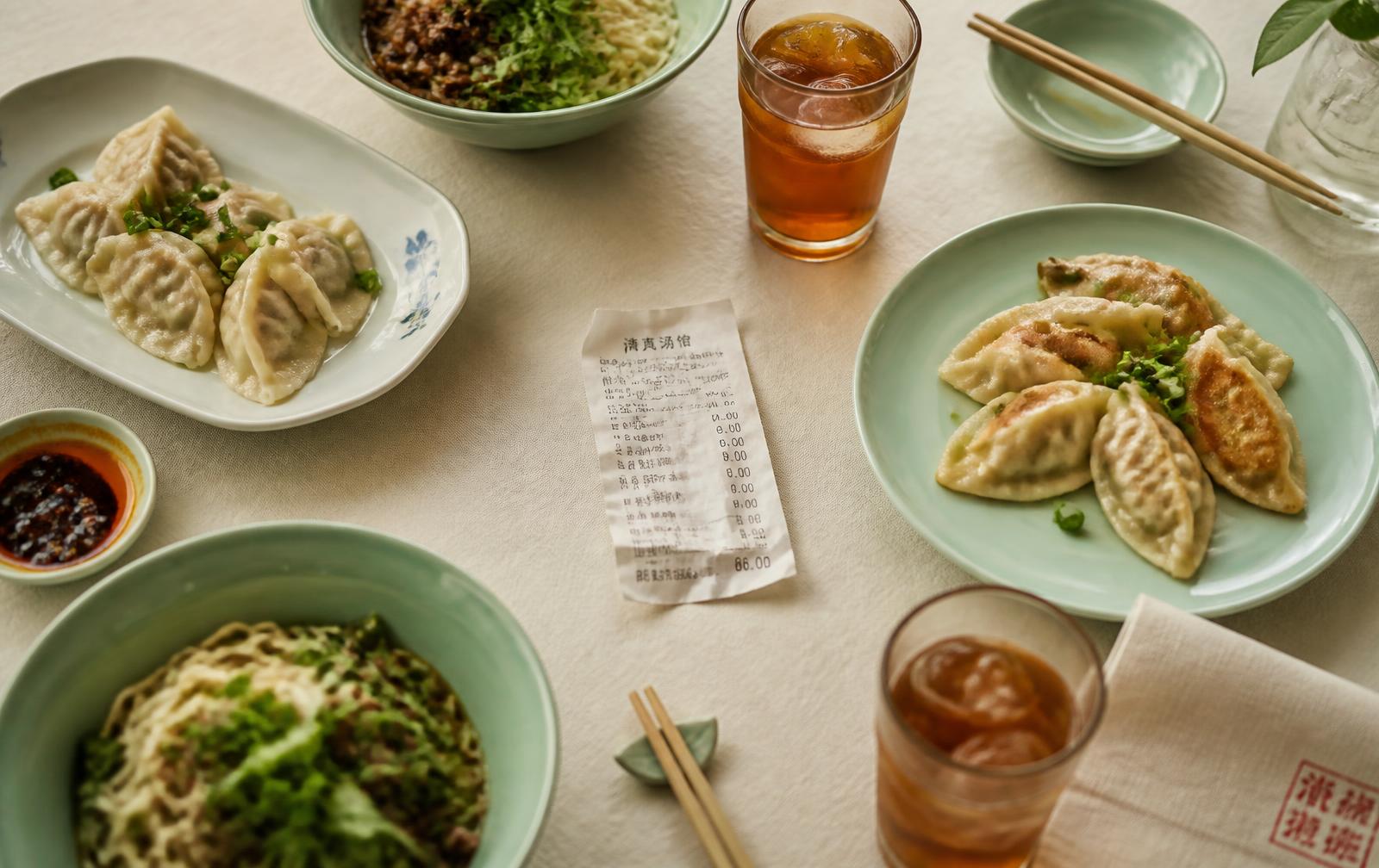 Shared dumplings, noodles and iced tea on a table with a paper receipt in the middle